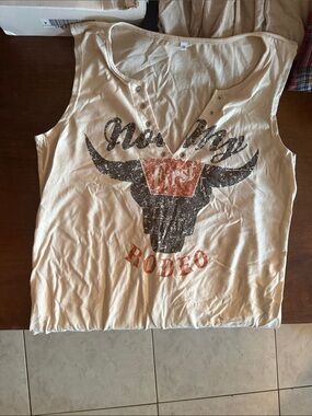 Ivory Graphic Rodeo Tank Top with Studded V-Neck